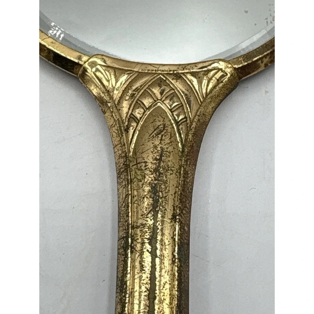Vintage 2 Piece Retro Golden Wheel Dresser Set Mirror Hair Brush Vanity Patina